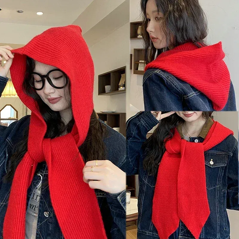 Color: Red, Size: One Size - Big Knitted Hat Beanies Cap for Men&Women Winter Warm Unisex Hooded Hat Neck Collar Scarf Cap Ski Cold Hat Balaclava Caps Bonnet