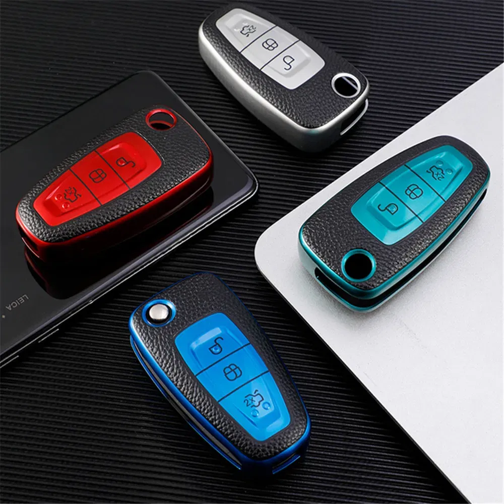 Color Name: Silver - Leather TPU Car Key Case Cover for Ford Ranger C-Max S-Max Focus Galaxy Mondeo Transit Tourneo Custom Auto Key Holder Keychain