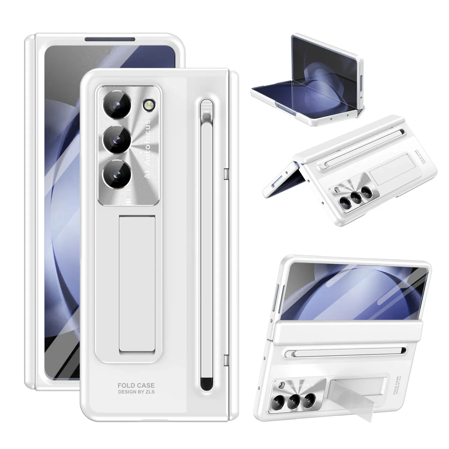 Color: Sky blue, Bundle: Case & Strap, Material: ABS - For Samsung Galaxy Z Fold 4 5 Case With S Pen Stand & Hinge Cover Screen Protector All-inclusive Anti-drop For Z Fold5 Fold4