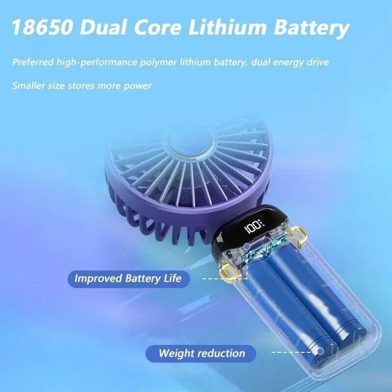 Color: Blue - Handheld Mini Fan 3000mAh Foldable Portable Neck Hanging Fans 5 Speed USB Rechargeable Fan with Phone Stand and Display Screen