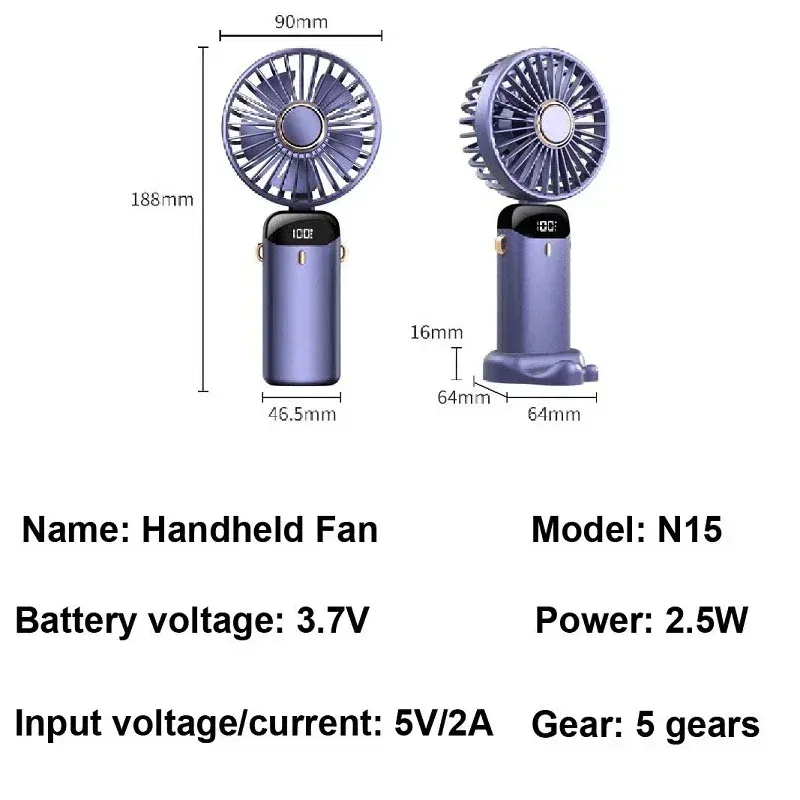 Color: Blue - Handheld Mini Fan 3000mAh Foldable Portable Neck Hanging Fans 5 Speed USB Rechargeable Fan with Phone Stand and Display Screen