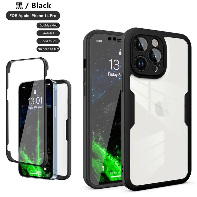 Color: black, Compatible-Phone Models: For iPhone 16 Plus, Ships From: CN - Clear 360 Full Wrap Phone Case For iPhone 17 Pro Max 16 15 14 13 12 11 SE2/SE3 Xr Xs 8 Plus Film With Lens Protection Back Cover