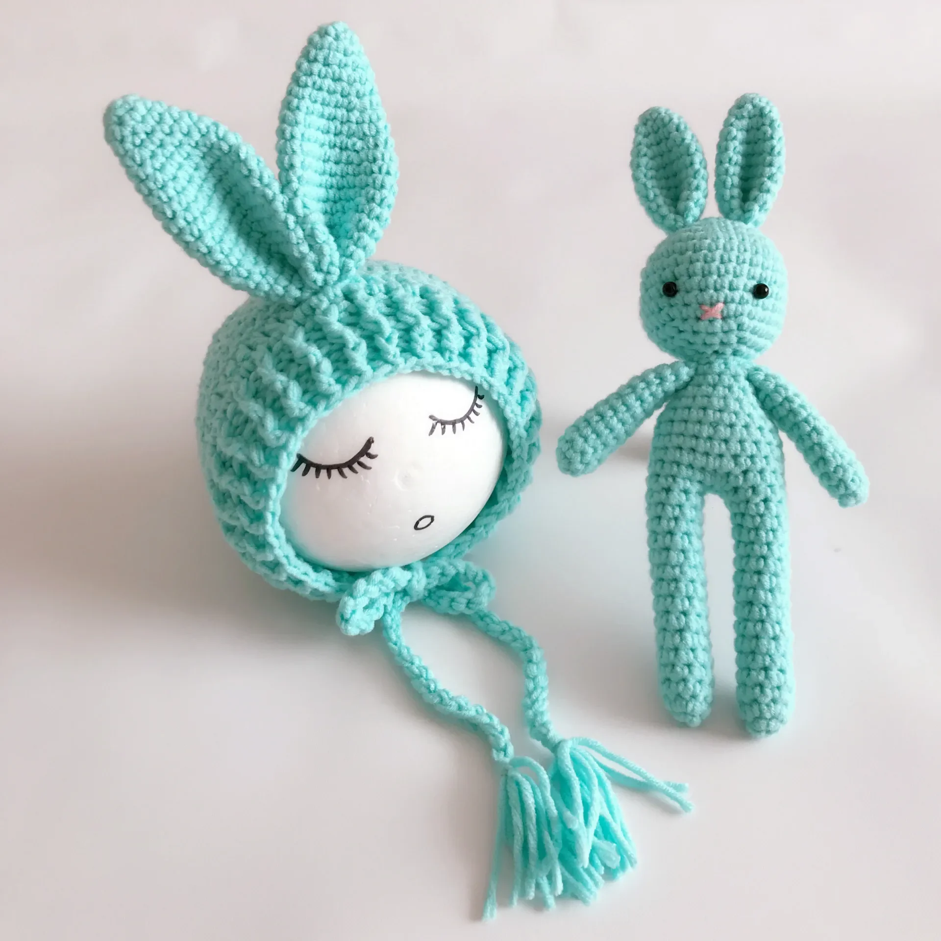 Color: Khaki - Newborn Photography Props Posing Doll Handmade Woolen Bunny Doll Cap Bear Cartoon Toy Baby Photoshoot Prop Accessorie Fotografia