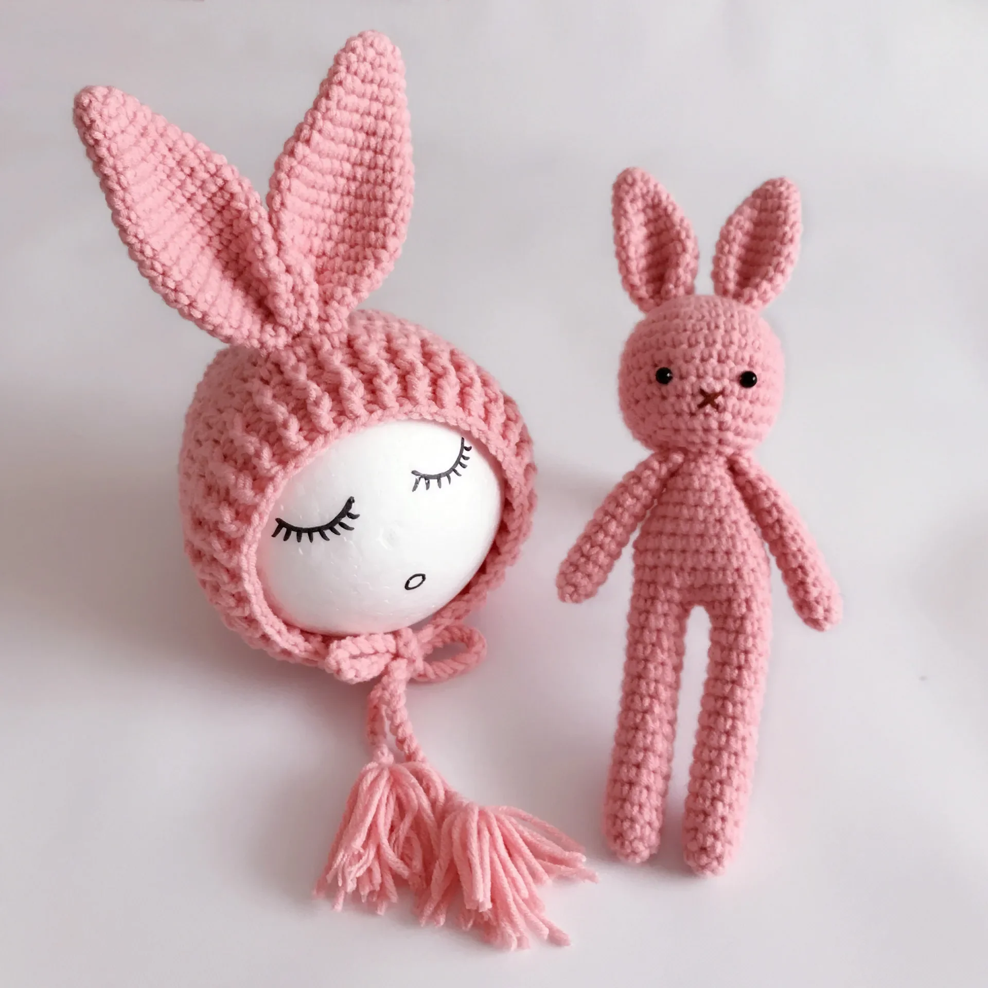 Color: Khaki - Newborn Photography Props Posing Doll Handmade Woolen Bunny Doll Cap Bear Cartoon Toy Baby Photoshoot Prop Accessorie Fotografia