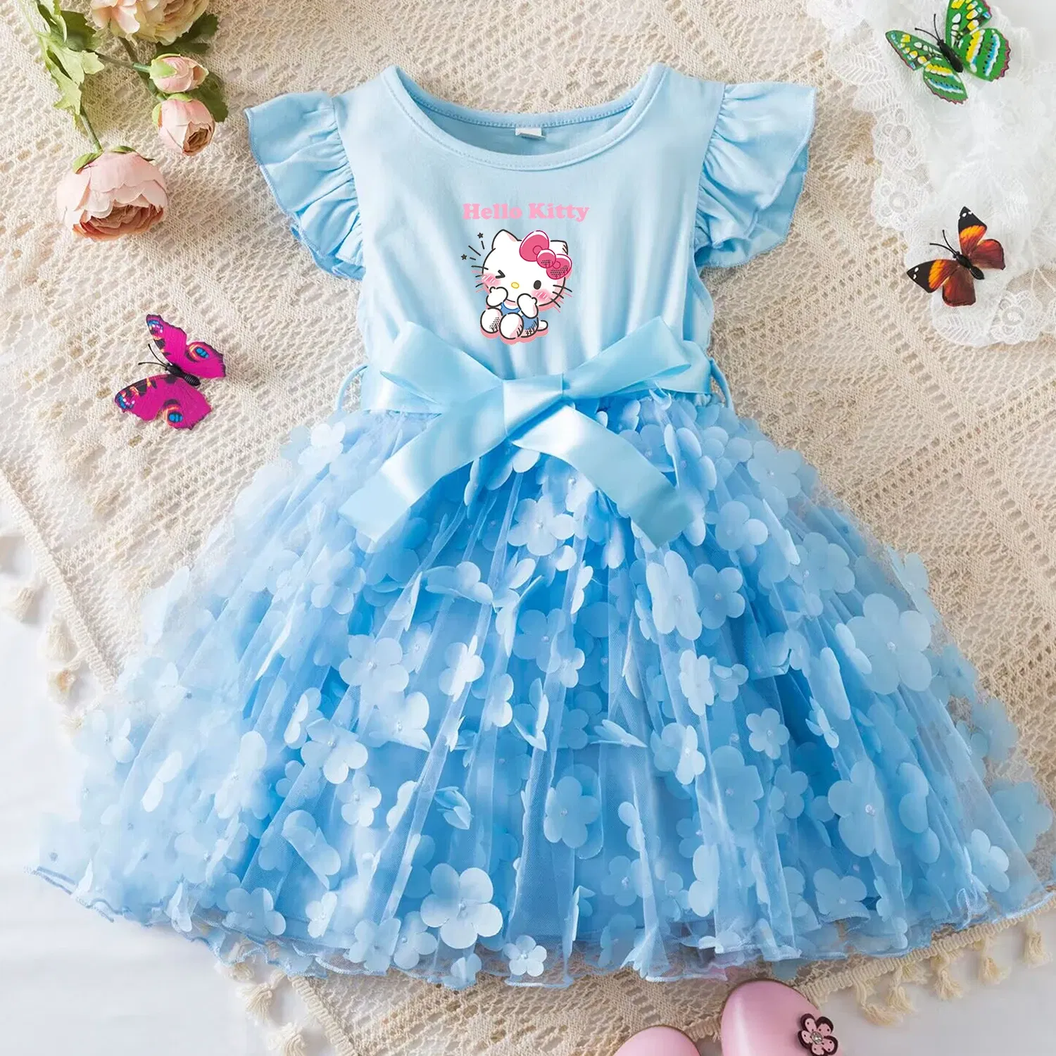 Color: Turquoise, Size: S - Hello Kitty Summer Dress for Kid's Casual Clothes 3D Butterfly Cute Baby Girls Princess Dress Party Dresses 2-6 Yrs