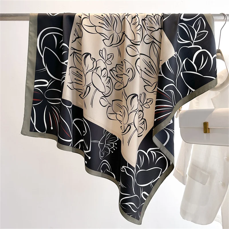 Color: Brown, Size: One Size - 2024 Luxury New Retro Printed Silk Scarf 90cm Twill Silk Scarf Lotus Fashion Large Square Scarves Sunscreen Shawl Headscarf