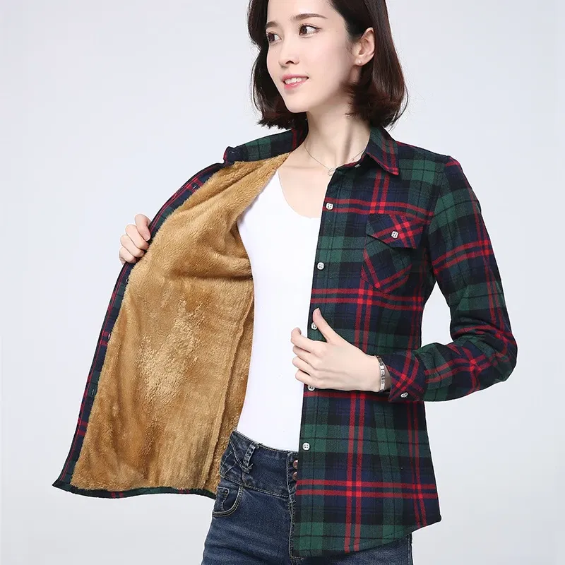 Color: Ivory, Size: M - 2025 Winter New Women's Warm Plaid Shirt Coat Casual Fleece Velvet Plus Thicke Jacket Tops College Style Woman Clothes Outerwear