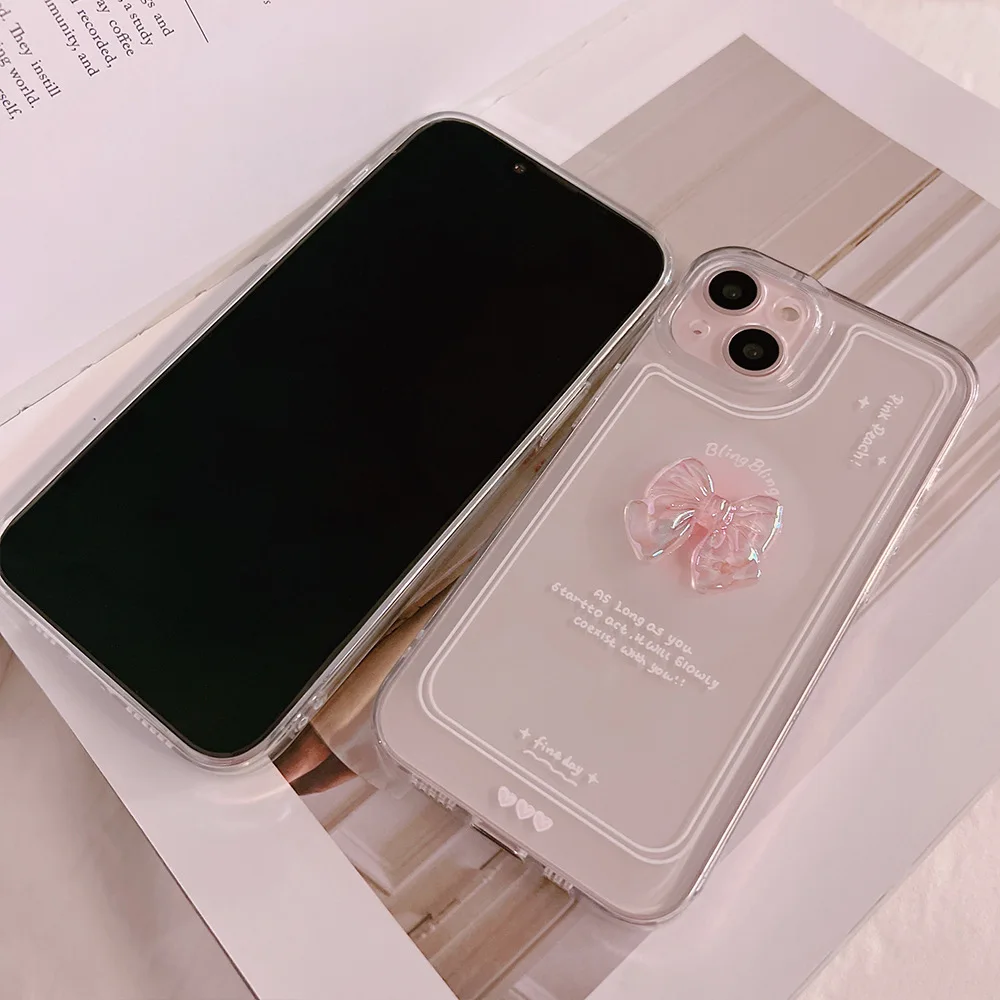 Material: ABS, Color: WHITE - NEW 3D Bow Transparent Mobile Phone Case For IPhone 15 14 Plus 13 Pro Max 12 Pro 11 Stereo Crystal Candy Cute Full Soft Cover