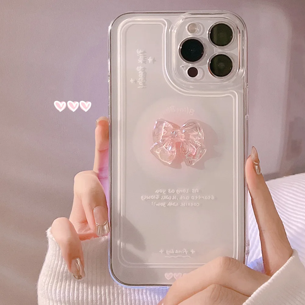 Material: ABS, Color: WHITE - NEW 3D Bow Transparent Mobile Phone Case For IPhone 15 14 Plus 13 Pro Max 12 Pro 11 Stereo Crystal Candy Cute Full Soft Cover
