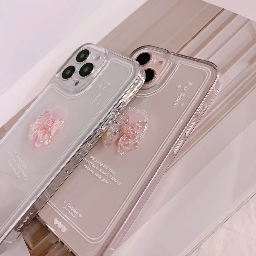 Material: ABS, Color: WHITE - NEW 3D Bow Transparent Mobile Phone Case For IPhone 15 14 Plus 13 Pro Max 12 Pro 11 Stereo Crystal Candy Cute Full Soft Cover