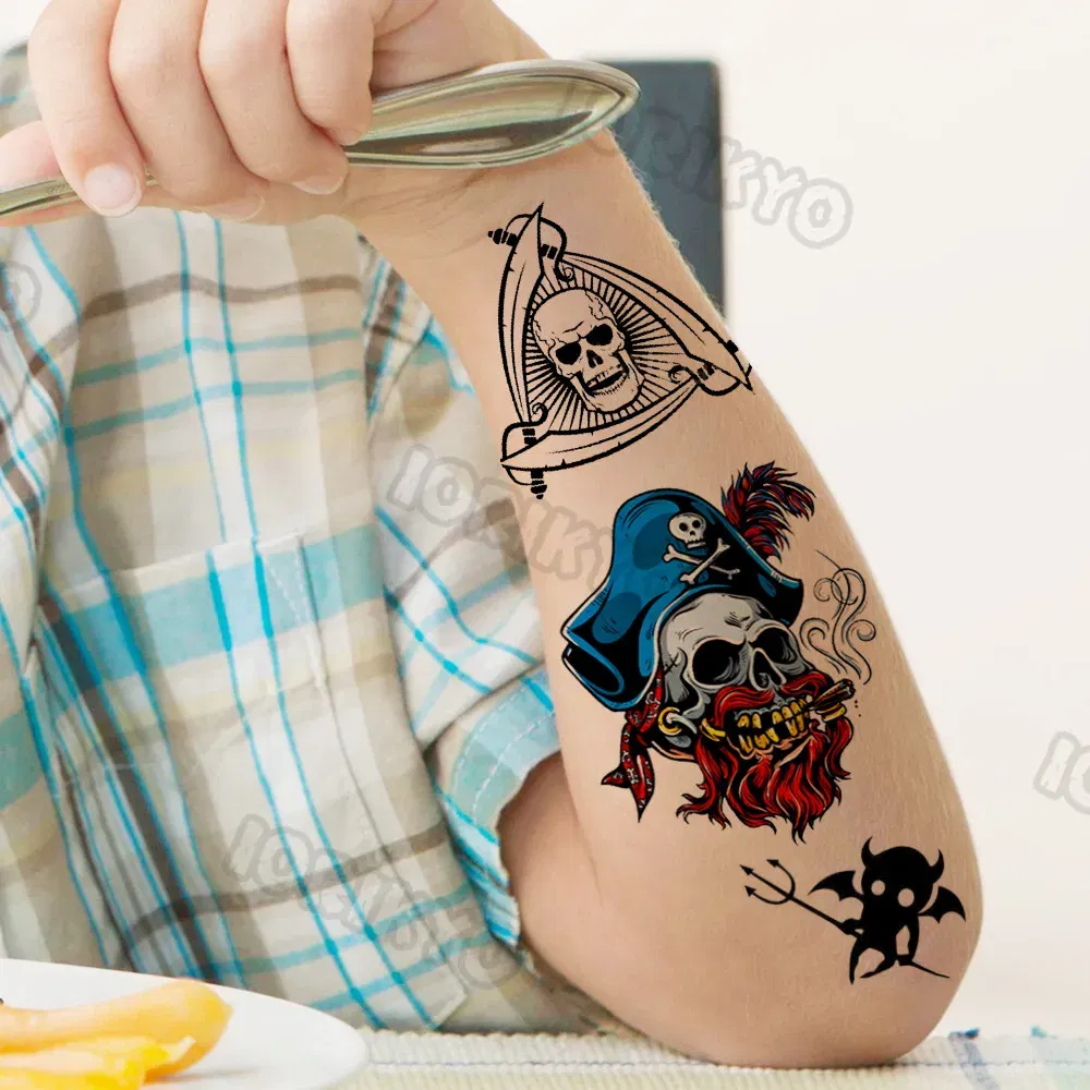 Color: Dark Khaki - Skull Temporary Tattoos For Kids Men Women Adult Face Neck Pirate Captain Tattoo Sticker Monster Fake Skeleton King Tatoos