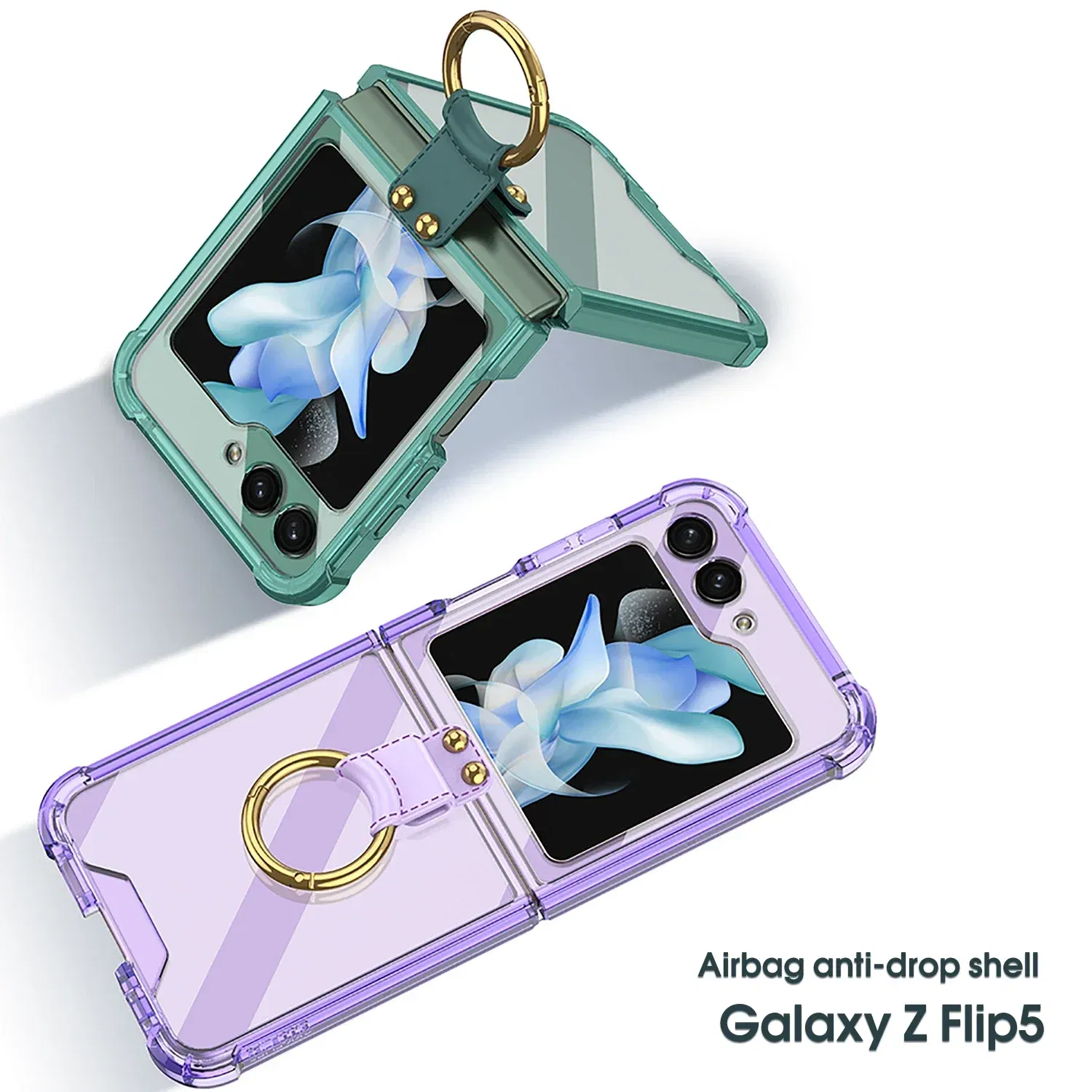 Material: ABS, Color: Brown - Transparent Electroplated Airbag Ring Phone Case for Samsung Galaxy Z Flip 5 4 3 5G Flip5 Flip4 Flip3 5G Stand Shockproof Cover