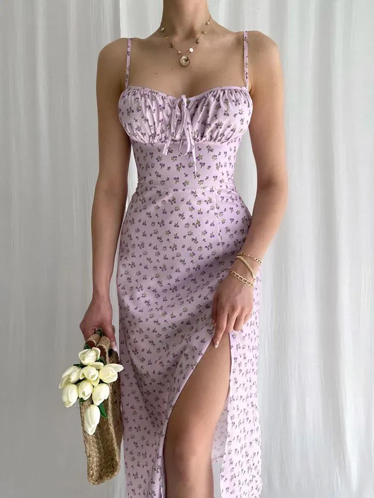 Color: PURPLE, Size: L - Hugcitar 2023 Sleeveless Satin Slip Floral Ruched Bandage Cut Out Maxi Dress Summer Women Fashion Sexy Party Club Robe Kpytomoa