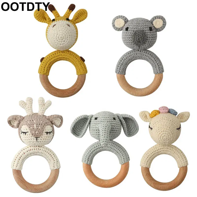 Color: black - 1pc Baby Teether Safe Wooden Toys Mobile Pram Crib Ring DIY Crochet Giraffe Deer Rattle Soother Product