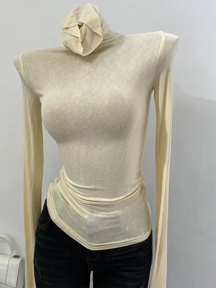 Color: APRICOT, Size: One Size - Thin Soft American Long Sleeve T-shirt High Stacked Neck Tight Perspective Bottom Shirt Women's Slim Fit Tops Sexy Streetwear