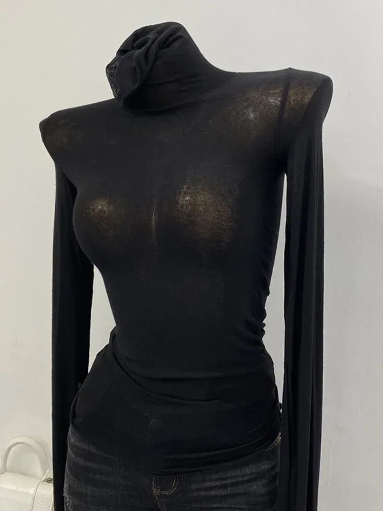 Color: APRICOT, Size: One Size - Thin Soft American Long Sleeve T-shirt High Stacked Neck Tight Perspective Bottom Shirt Women's Slim Fit Tops Sexy Streetwear