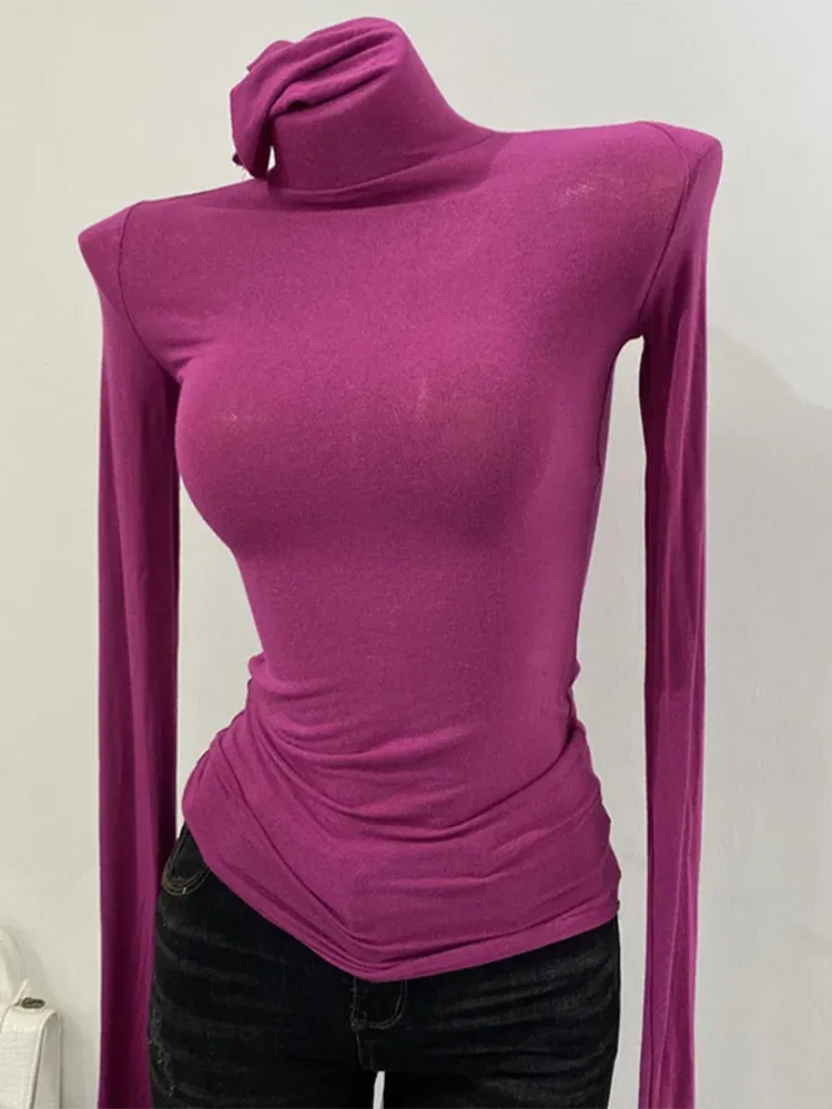 Color: APRICOT, Size: One Size - Thin Soft American Long Sleeve T-shirt High Stacked Neck Tight Perspective Bottom Shirt Women's Slim Fit Tops Sexy Streetwear