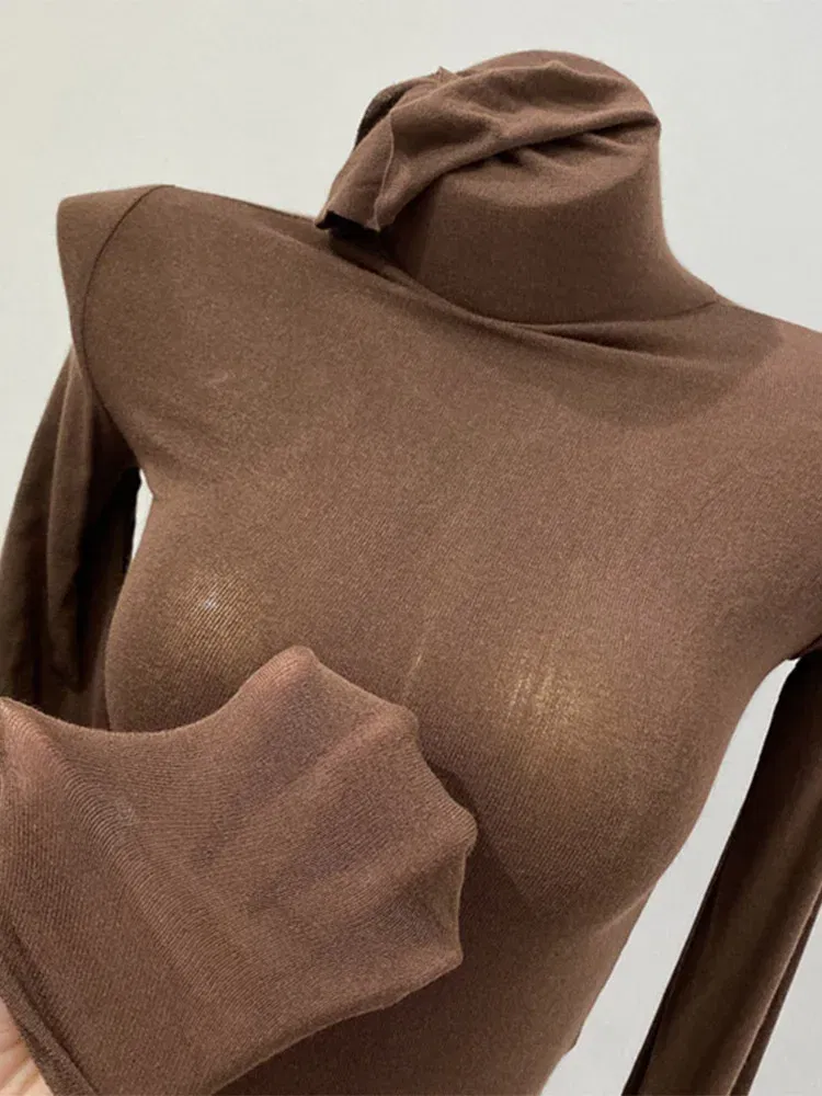 Color: APRICOT, Size: One Size - Thin Soft American Long Sleeve T-shirt High Stacked Neck Tight Perspective Bottom Shirt Women's Slim Fit Tops Sexy Streetwear