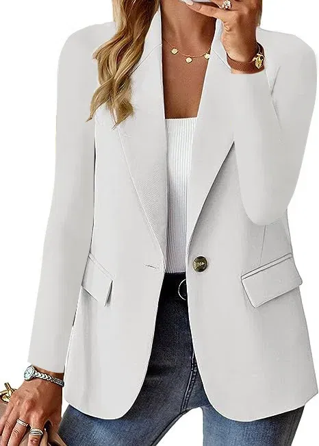 Color: WHITE, Size: L - Womens Spring Winter Down Full Long Sleeve Coat Autumn Blazer Button Outwear Suit Cardigan Female