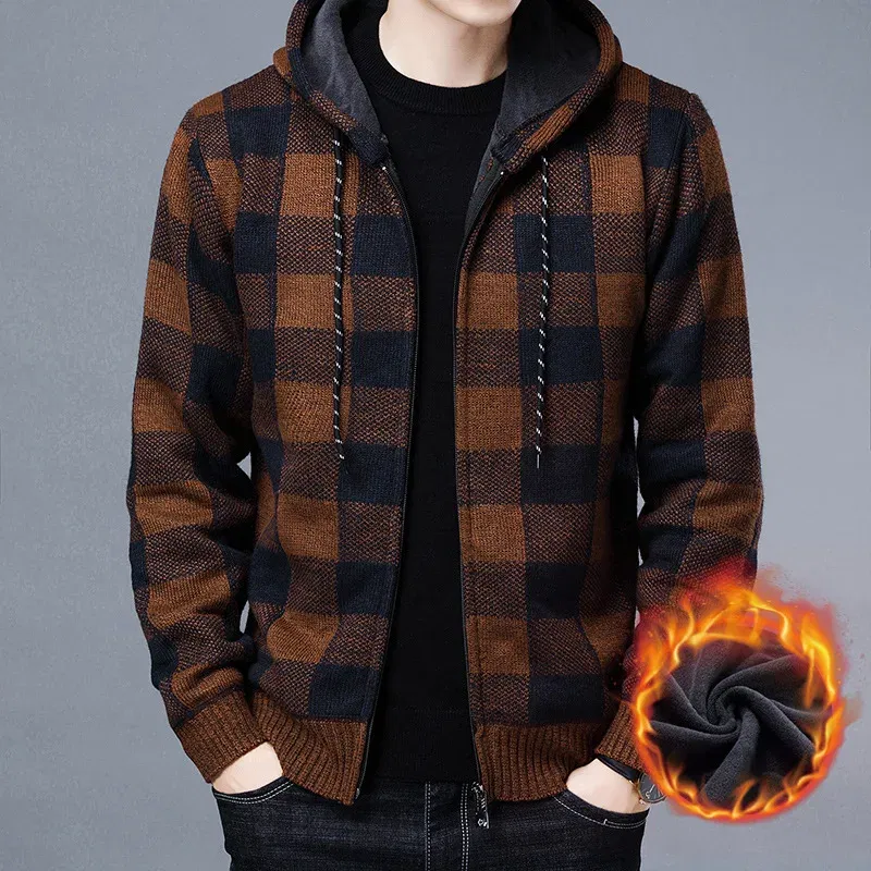 Color: Fuchsia, Size: L - Winter 2023 New Men's Fleece Thickened Cardigan Knit Sweater / Male Loose Warm Hooded Add Wool Jacket Coat