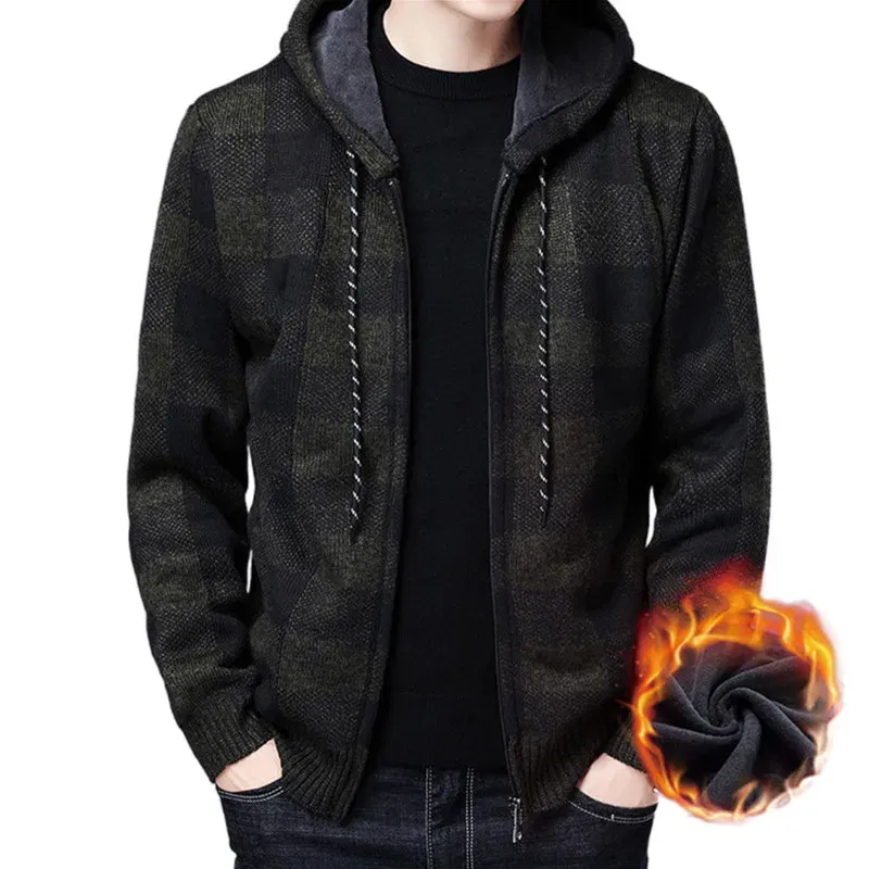 Color: Fuchsia, Size: L - Winter 2023 New Men's Fleece Thickened Cardigan Knit Sweater / Male Loose Warm Hooded Add Wool Jacket Coat