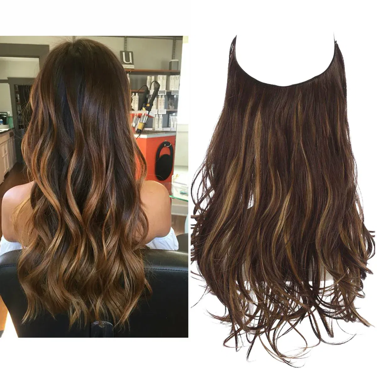 Color: T4/27/30, Stretched Length: 22INCHES - Synthetic No Clip Wave Hair Extensions Ombre Natural Black Blonde Pink One Piece False Hairpiece Fish Line Fake Hair Piece