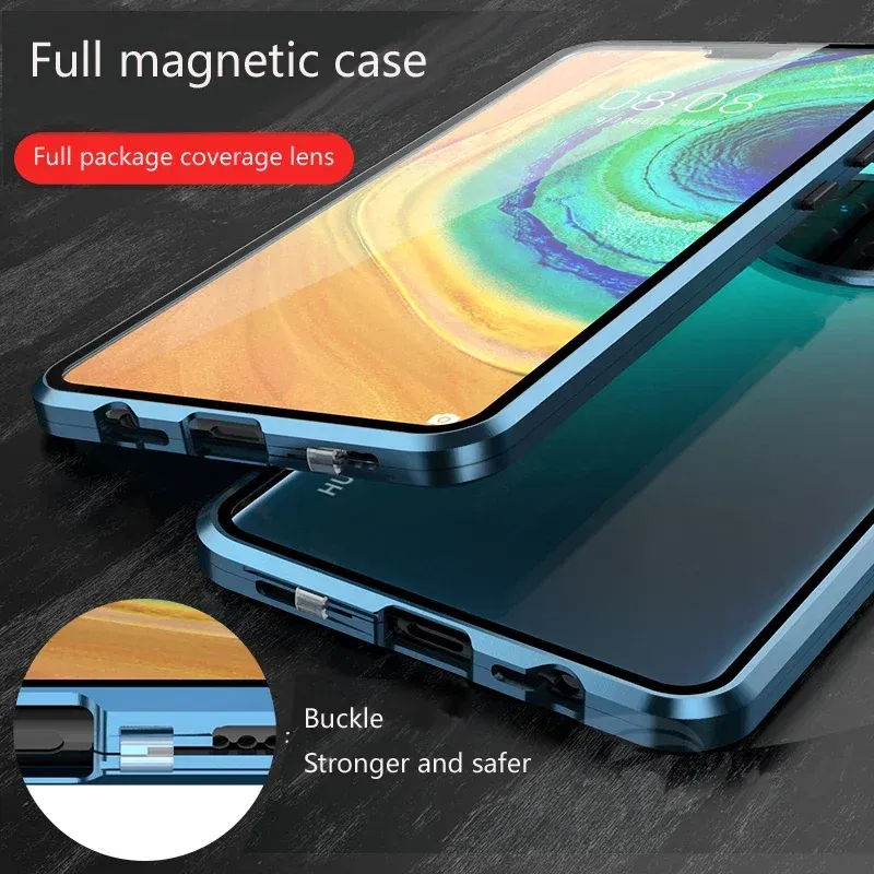 Color: PURPLE, Material: Silicon - Double Sided Glass Magnetic Metal Snap Lock Phone Case For Honor Magic 4 5 Ultimate 6 Lite 7 Pro Lens Protection Cover Cases