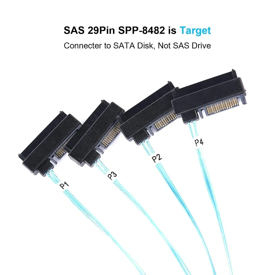 Color: PURPLE, Cable length: 1m - 0.5M 1M Mini SAS HD SFF-8643 SFF-8087 to SFF-8482 29Pin with 15Pin Power Connector 4xSATA Cable for Hard Drive Controller Server