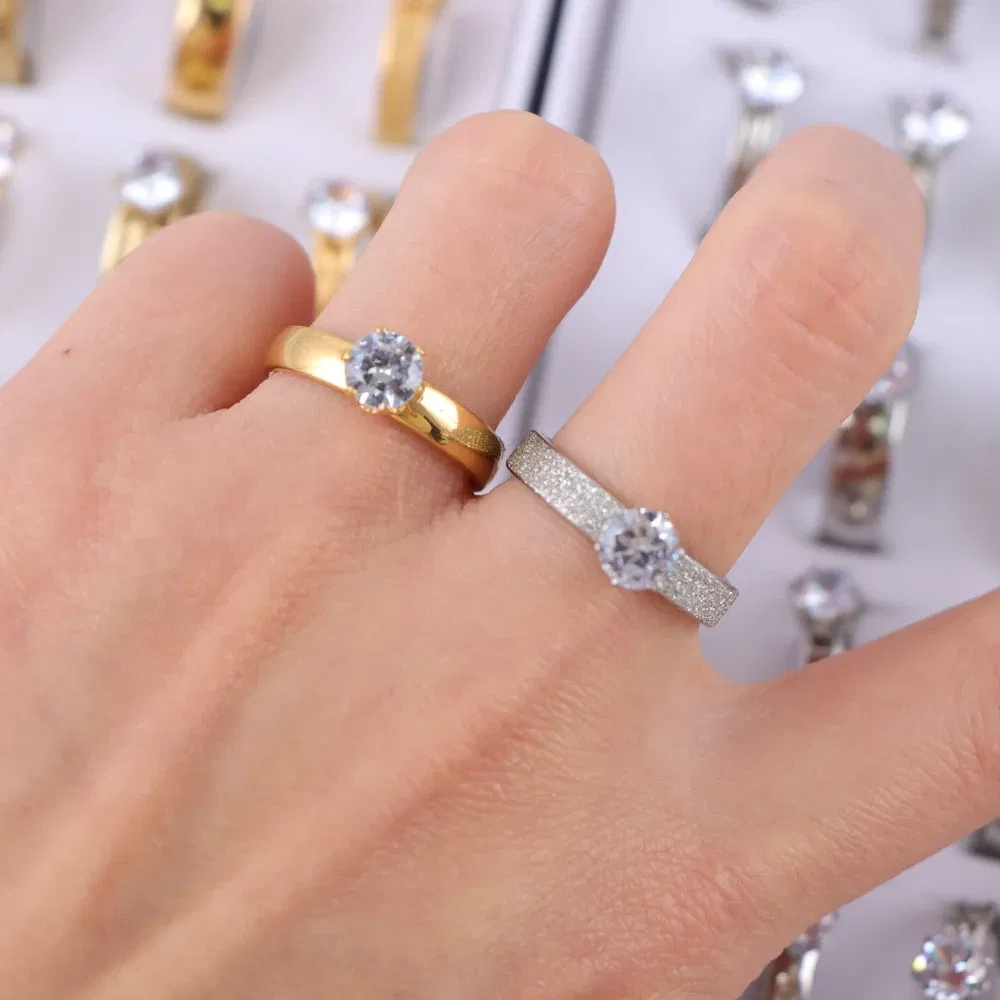 Main Stone Color: Green, Metal Color: Rhodium Plated, Ring Size: 17 - 10/20/30/50Pcs/Lot Fashion Elegant Inlaid Stainless Steel Ring With Rhinestone High-end Women's Proposal Engagement Jewelry Gift