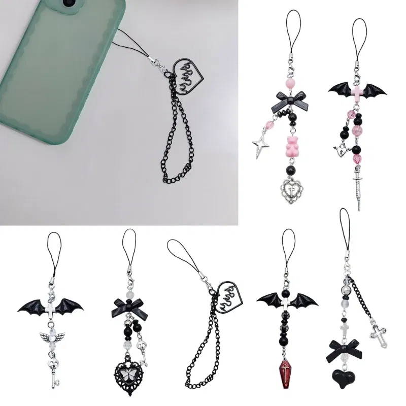 Color: Dark skin - Goth Y2K Phone Charm Pendant Kawaii-Key Chain For Bag Cute Accessory Women Guitar Strap Lanyard Beaded Keychain Pendant