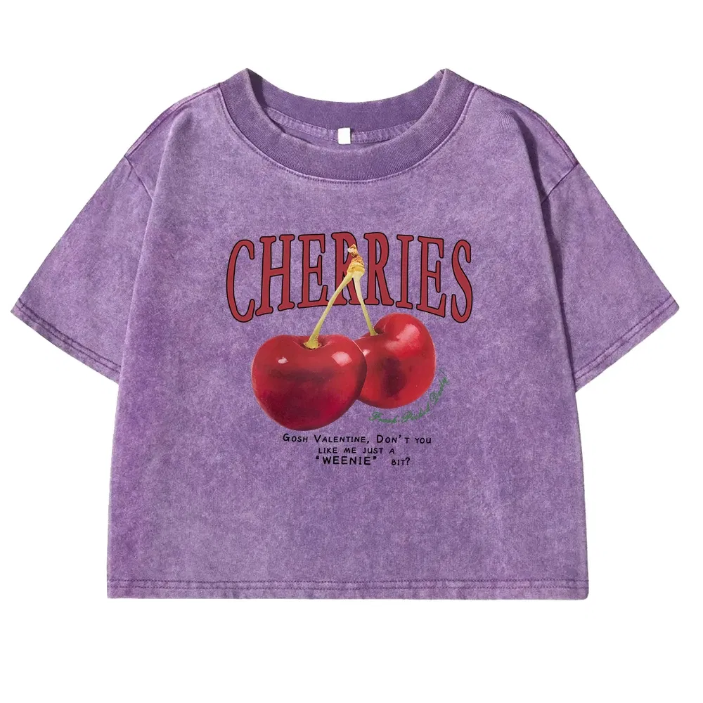 Color: SKY BLUE, Size: M - Red Cherries Letter Printed Female T-shirt Fashion Summer Washed Clothing Casual Cotton Crop Top Retro Tee Shirts For Women