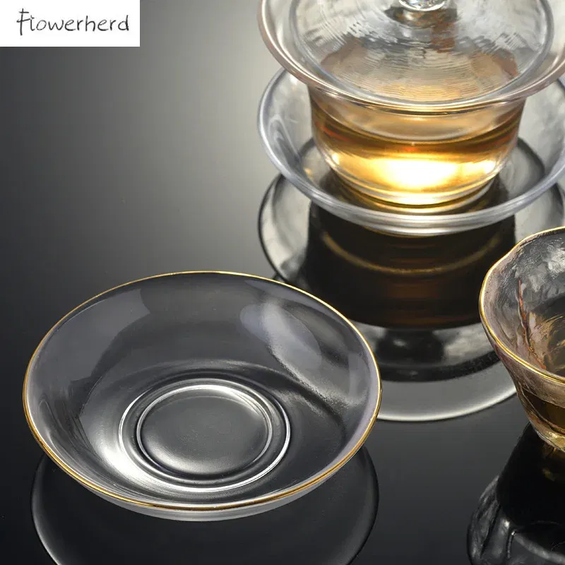 Color: Beige - Japanese Style Round Insulated Glass Tea Mat Saucer Teaware Creative Kung Fu Tea Set Cup Holder Phnom Penh Saucer