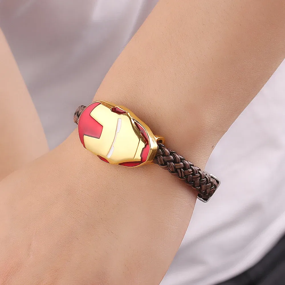 Metal Color: Light Yellow Gold Color, Ships From: CHINA - Marvel Superhero The Avengers Bracelet Iron Man Spiderman Mask Handmade Woven Leather Rope Bangle Charm Jewelry Accessory
