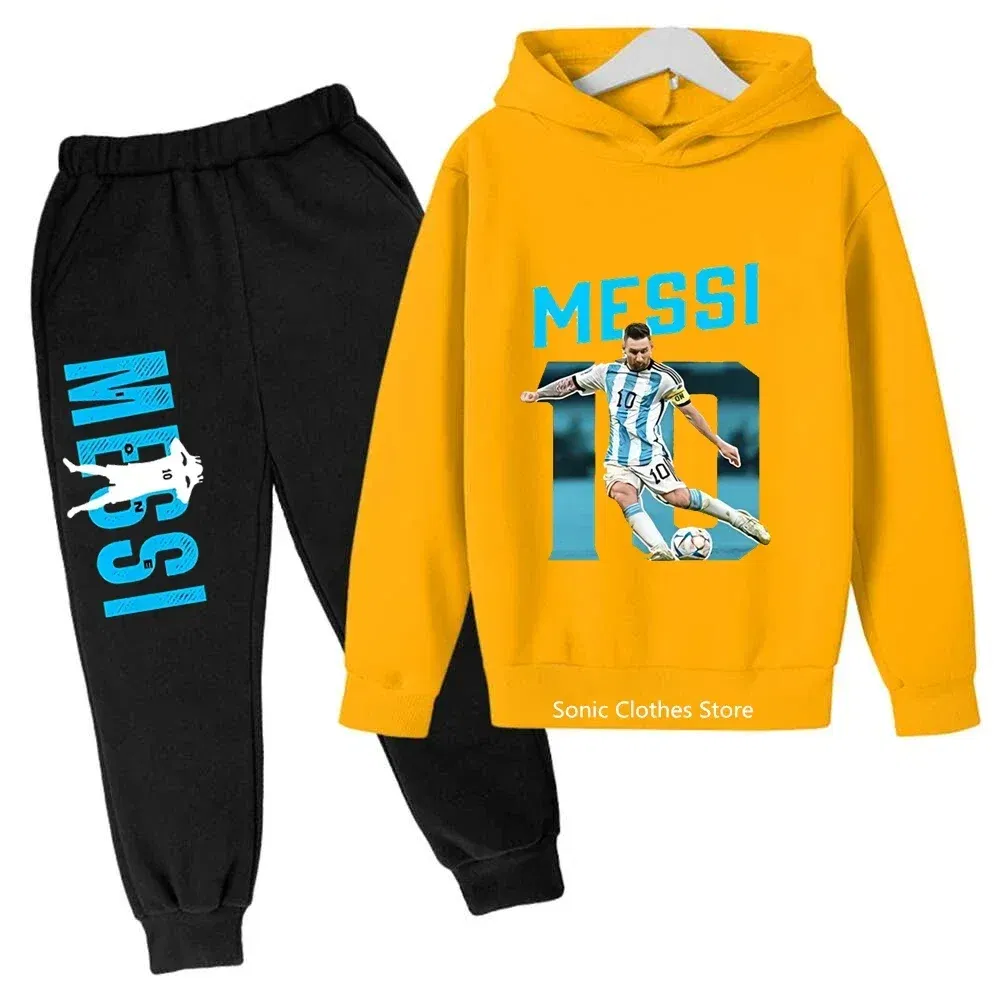 Color: Gold, Kid Size: 4T - messi avatar printed children's clothing children's autumn and winter hoodies pants 2-piece casual boys and girls suits