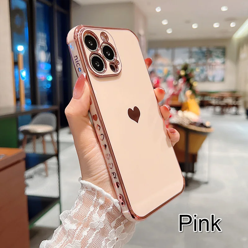 Color: Khaki, Compatible-Phone Models: For iPhone 11 Pro, Ships From: CN - Electroplating Side Love Heart Phone Case For IPhone 17 16 15 14 13 12 11 Pro Max XR 8 Plus SE2/SE3 Shockproof Back Cover