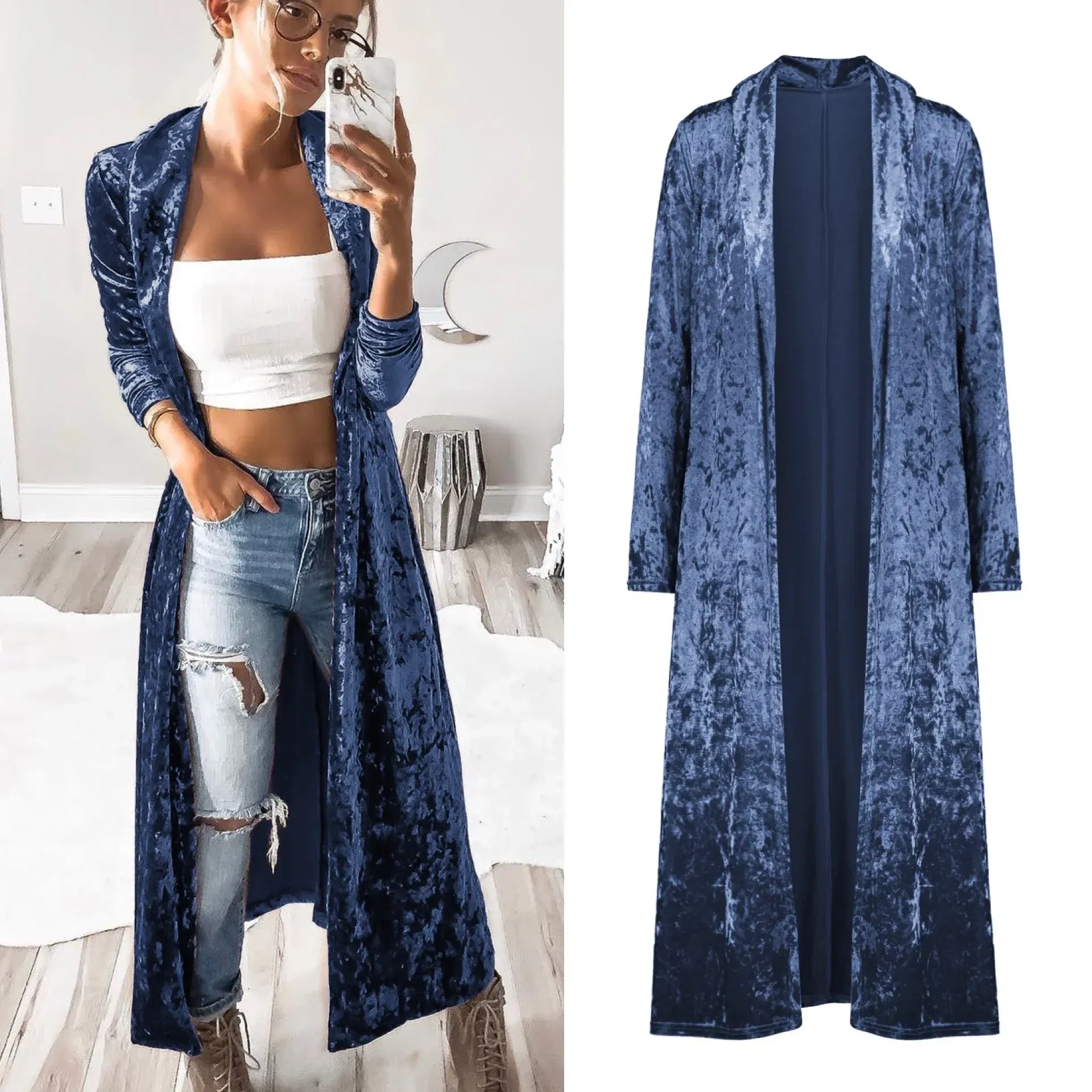 Color: Blue, Size: L - 2024 Long Velvet Kimono Cardigan Windbreaker Women Jacket Pure Color Fashion Long Sleeve Casual Ladies Long Jacket Trench Coat