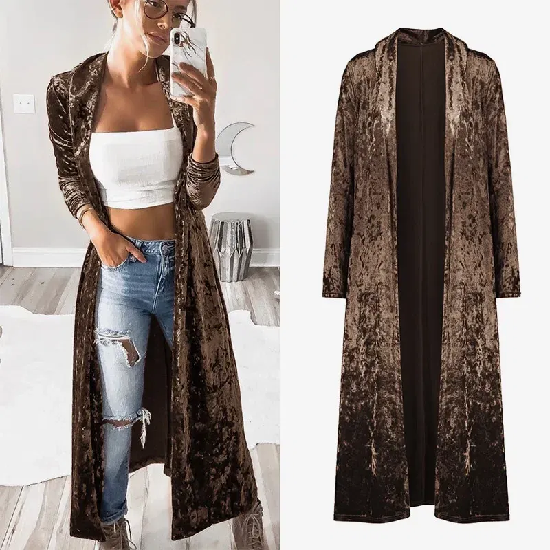 Color: Blue, Size: L - 2024 Long Velvet Kimono Cardigan Windbreaker Women Jacket Pure Color Fashion Long Sleeve Casual Ladies Long Jacket Trench Coat