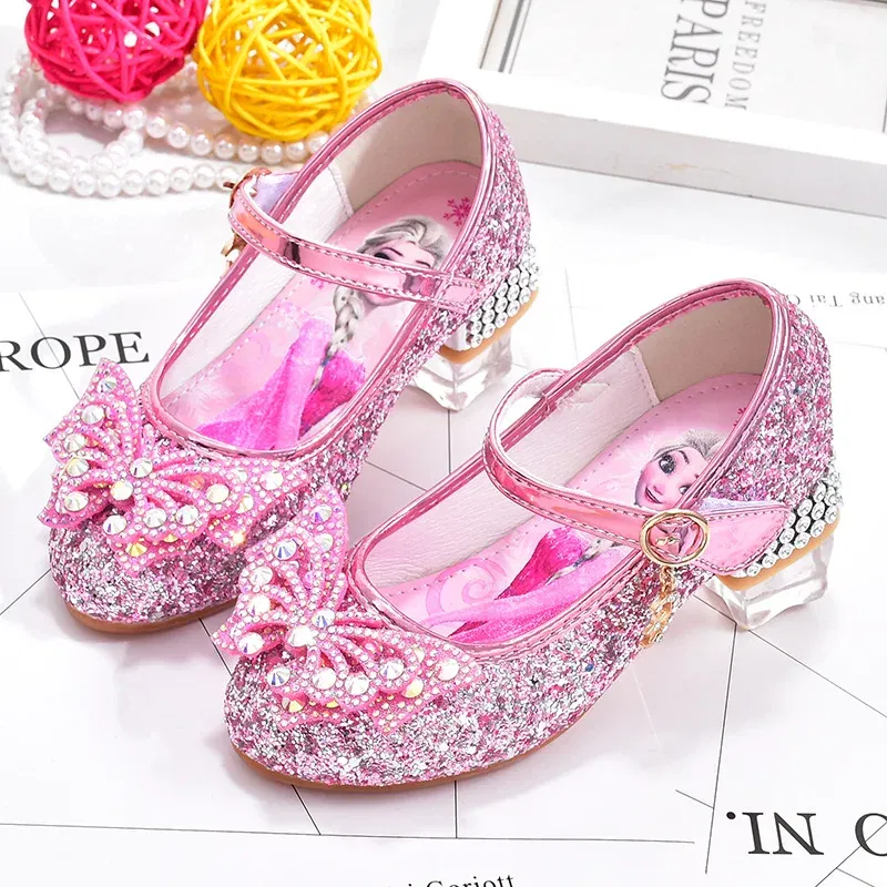 Color: Pink, Shoe Size: 33 - Disney Princess Elsa Leather Shoes Girls' High Heels Shoes Fashion Girls' Crystal Shiny Children's Blue Pink Shoes Size 26-35