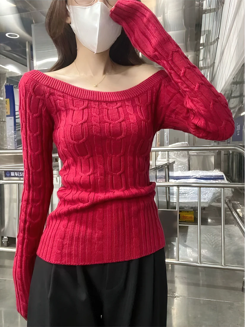 Color: black, Size: XS - Casual Off shoulder Rib Knit Sweater Pull Women Long sleeve Top Basic Tees White Slim Pullovers Lady Sexy One Shoulder New