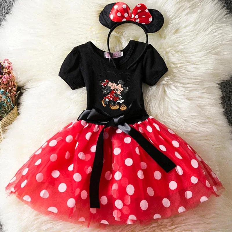 Color: Fuchsia, Size: S - Mickey Minnie Mouse Cartoon Kids Short Sleeve Polka Dot Princess Dress Party Baby Girls Clothes Cosplay Costumes 1-6Y