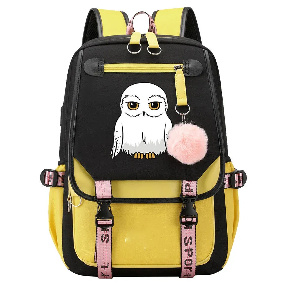 Color: Beige - Anime Hedwig Night Owl Backpack Nylon School Book Student Travel Bags Laptop Casual USB Port Messenger Bag