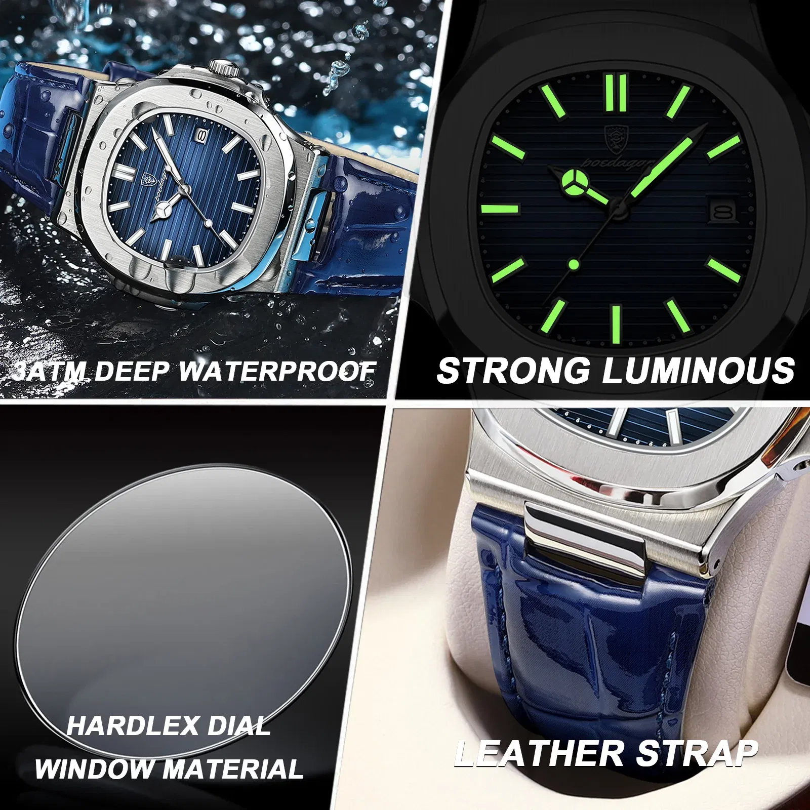 Color: Green - POEDAGAR Luxury Man Wristwatch Waterproof Luminous Date Leather Men's Watches Sports Square Men Watch Casual Quartz Male Clocks