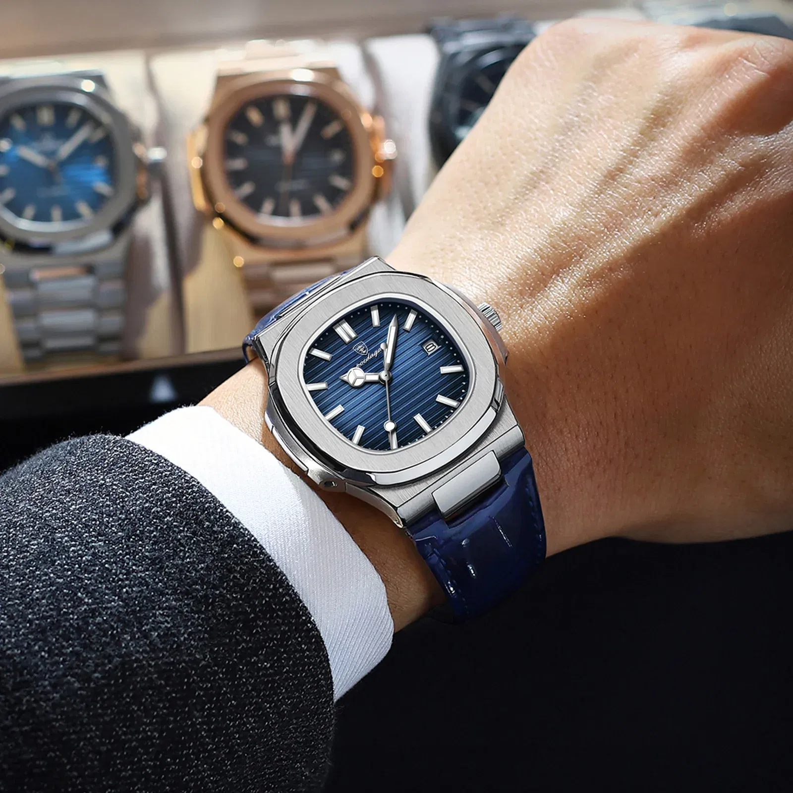 Color: Green - POEDAGAR Luxury Man Wristwatch Waterproof Luminous Date Leather Men's Watches Sports Square Men Watch Casual Quartz Male Clocks