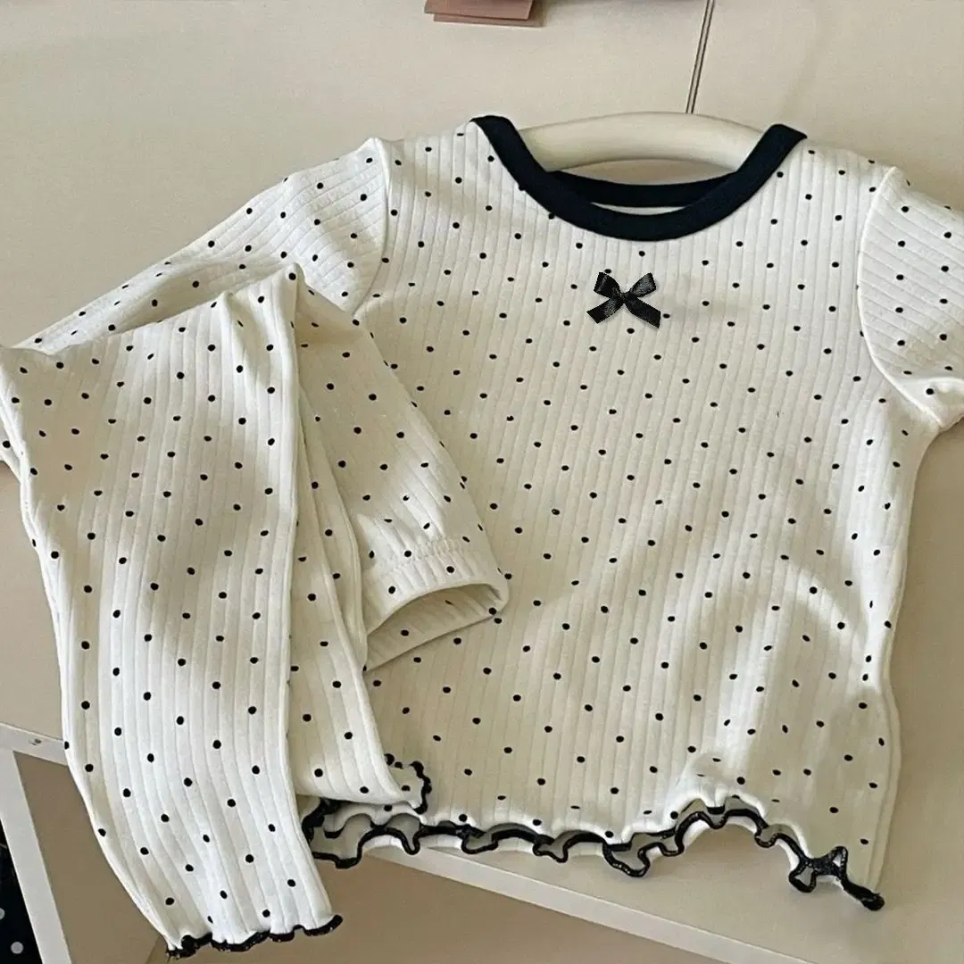 Color: Beige, Kid Size: 2T - Korean Girls' Loungewear Set - Dot Bow Pajamas & Soft Cotton Homewear | Fall Toddler Outfit  Toddler Girl Clothes