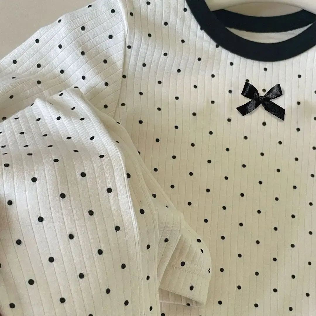Color: Beige, Kid Size: 2T - Korean Girls' Loungewear Set - Dot Bow Pajamas & Soft Cotton Homewear | Fall Toddler Outfit  Toddler Girl Clothes