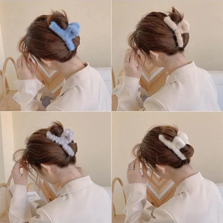 Color: Light Grey - Advanced Sense Card Hair Clip Korea Autumn and Winter Hair Clip Sweet and Gentle Wind Back Hair Grab Plush Shark Clip