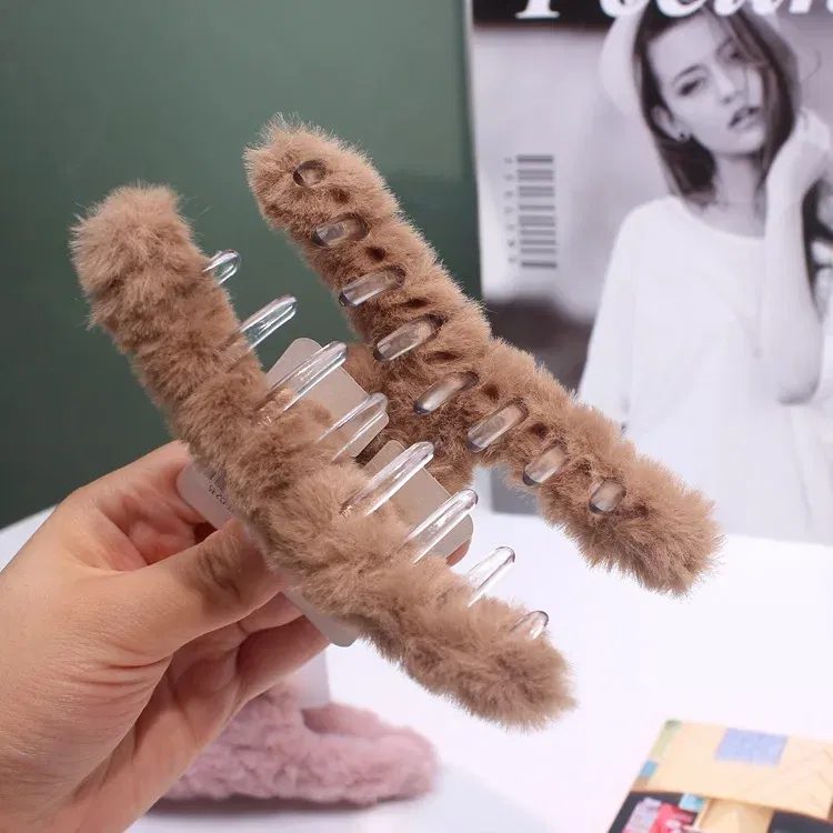 Color: Light Grey - Advanced Sense Card Hair Clip Korea Autumn and Winter Hair Clip Sweet and Gentle Wind Back Hair Grab Plush Shark Clip
