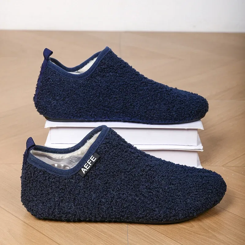 Color: Blue, Shoe Size: 45, Ships From: CHINA - Winter Fashion Men Slippers Plush Male Home Cotton Shoes Warm Anti-slip Men's Casual Shoes Flexible Solid Flats 39-47 Slip On