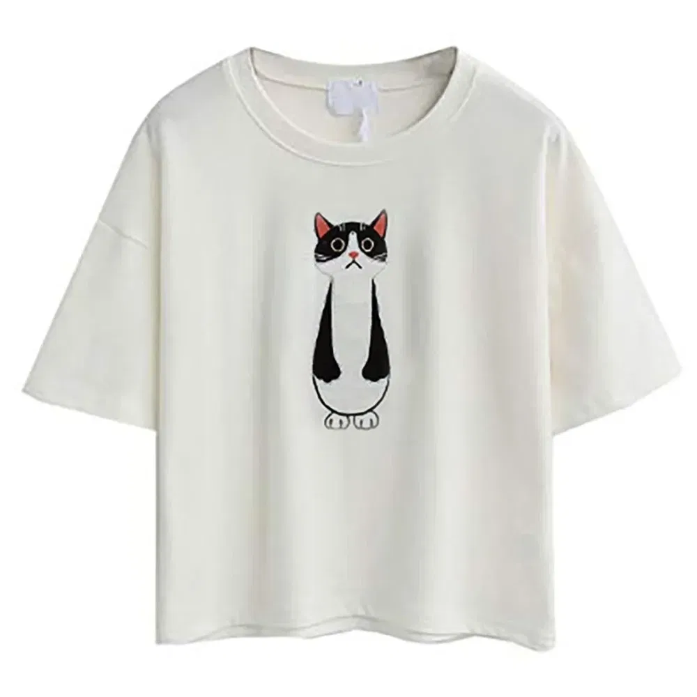 Color: GRAY, Size: M, Ships From: CHINA - 2021 Summer Cotton Short Sleeved Crop Top T-shirt Femme Embroidered Cat T Shirts Cartoon Women Fashion Cactus Top Tee T Shirt