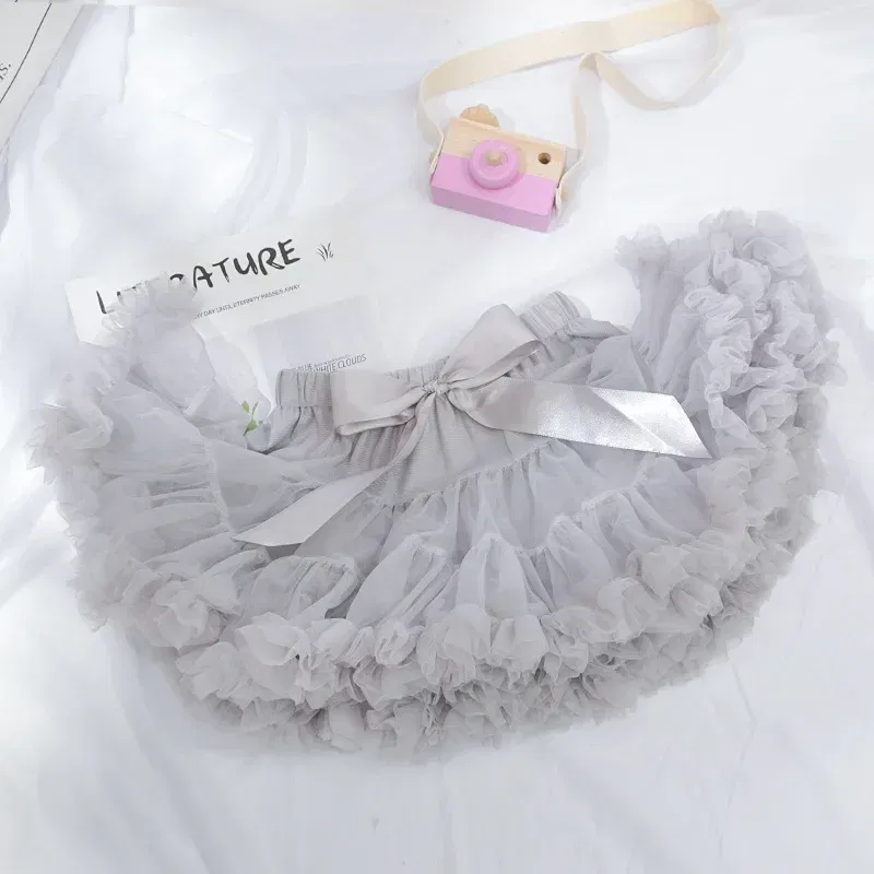Color: GRAY, Kid Size: 2T - Baby Girls Tulle Tutu Skirt Ballerina Pettiskirt Fluffy Children Ballet Skirts For Party Dance Princess Girl Tulle Clothes 1-10Y